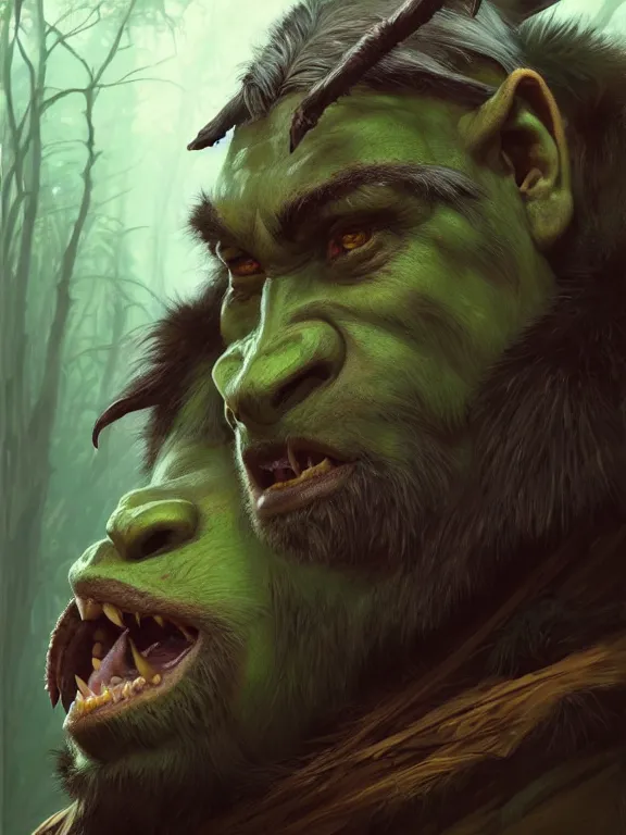 Prompt: portrait of a green mountain orc, looking at camera, d & d, savage warrior, fur attire, aztec hair, large noses, intricate, fantasy, extremely detailed, digital painting, artstation, concept art, smooth, sharp focus, illustration, ambient lighting, art by artgerm and greg rutkowski and alphonse mucha and simon stalenhag