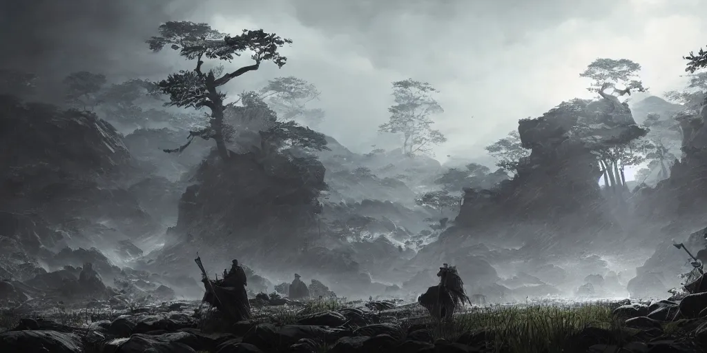 Prompt: an environmental concept art of ghost of tsushima, highly detailed, environmental light, cinematic by francis tneh
