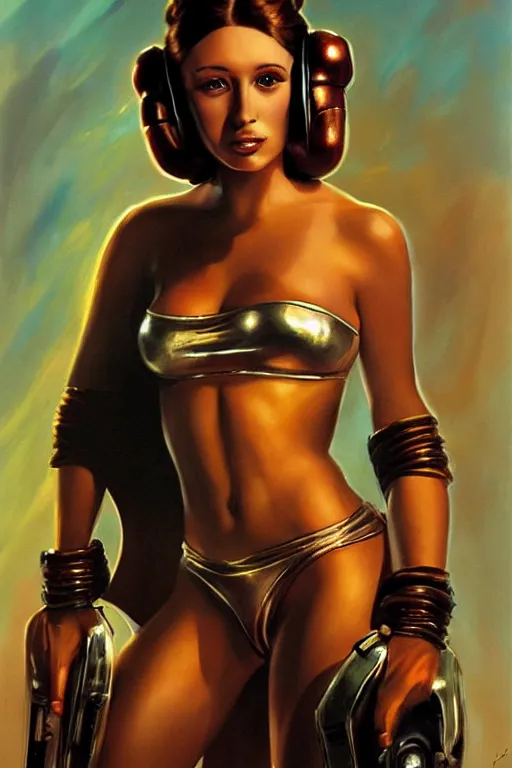 Image similar to a beautiful woman wearing princess leia metal bikini, painting by julie bell and ross tran