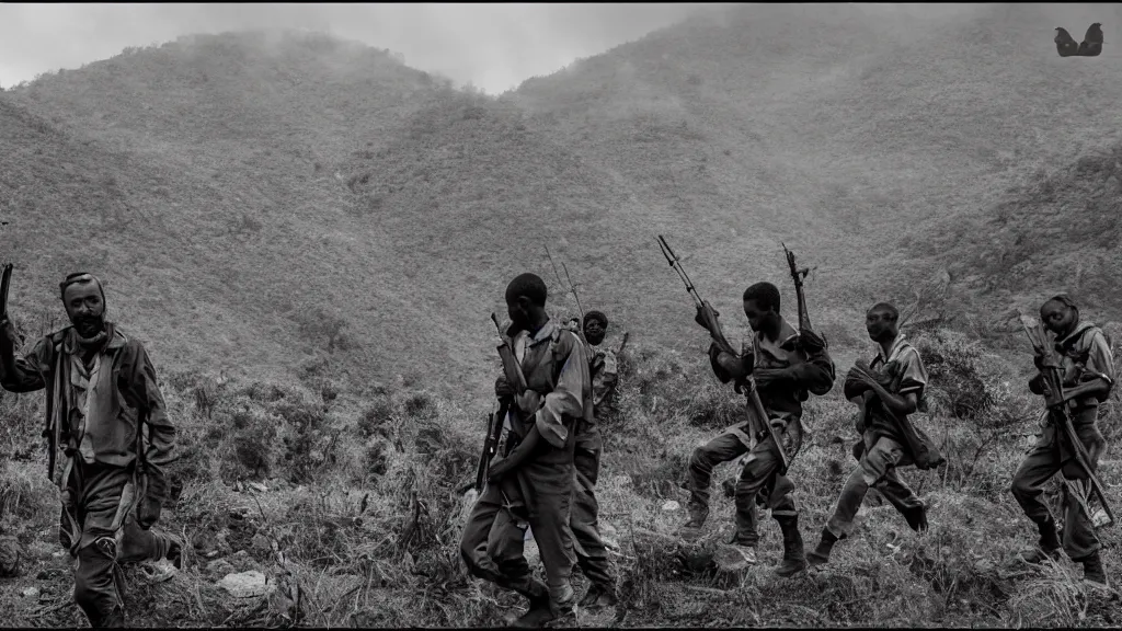 Prompt: Ethiopian civil war and guerilla army in the mountains, moody, dark, movie scene, hd, 4k, wide shot