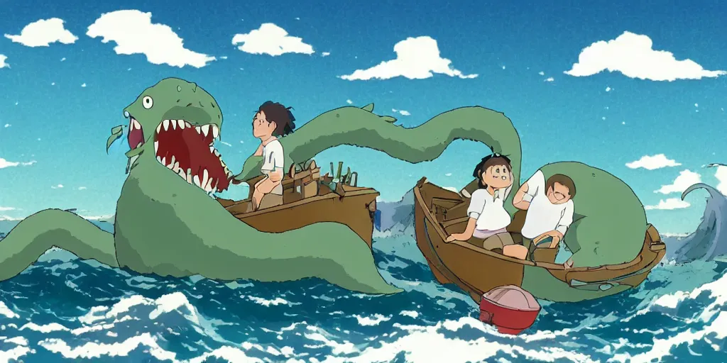 Prompt: Studio Ghibli image of a cute sea monster on a boat wholesome animation sharp Bloom dramatic lightning very sunny