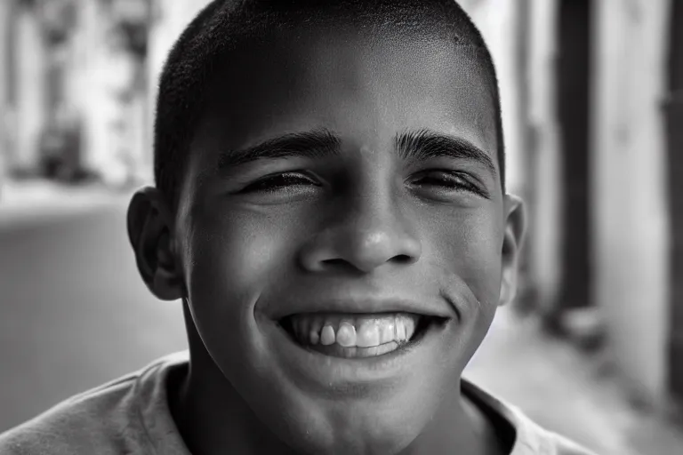 Image similar to still photo of a cuban teenage boy smiling at the camera on the street, black and white color aesthetic, highly detailed, photorealistic portrait, bright studio setting, studio lighting, crisp quality and light reflections, unreal engine 5 quality render