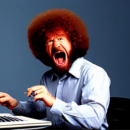 Image similar to angry bob ross screaming at his laptop