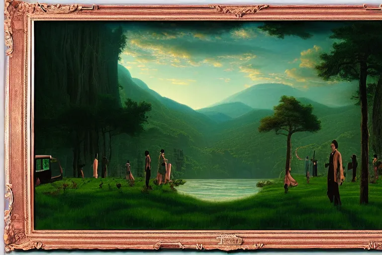 Image similar to the matrix film vista painted in style of hudson river school