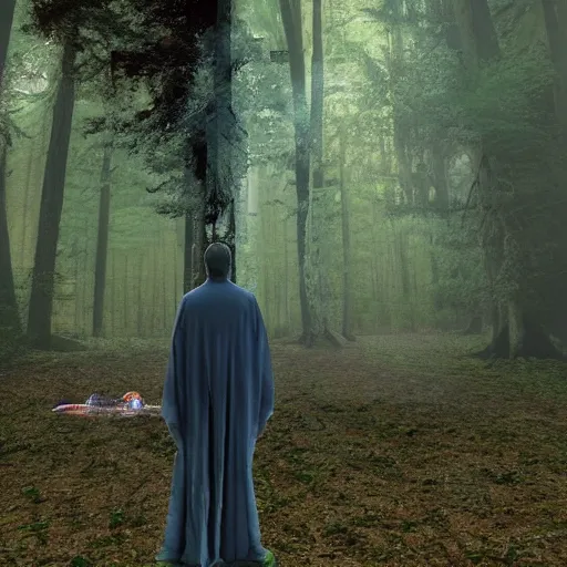 Image similar to a shaman in the woods seeing a vision of the metaverse appear before him. surrealistic realism