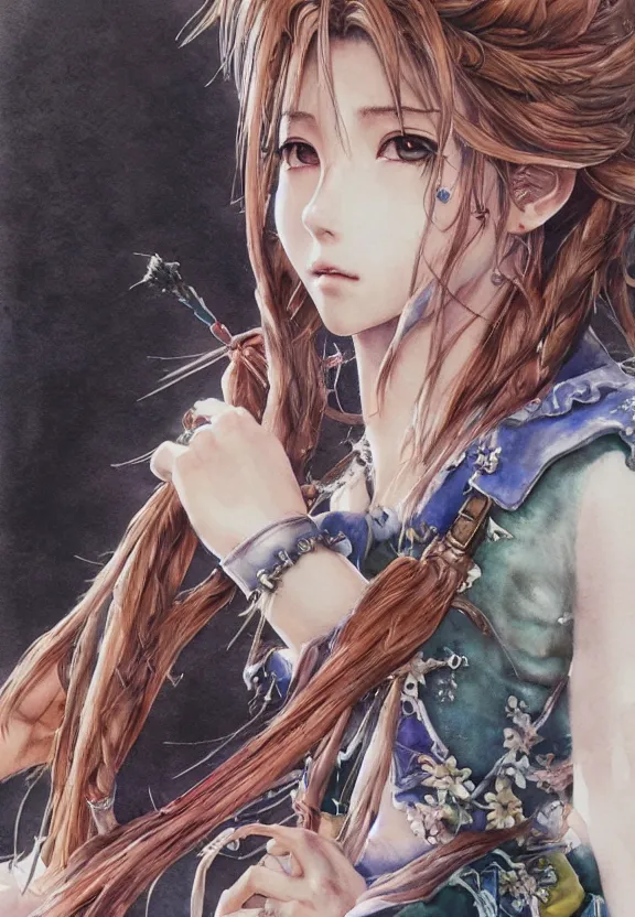 Prompt: a full-body watercolor painting of Aerith Gainsborough by Yoshitaka Amano, highly detailed, intricate, trending on artstation, award-winning