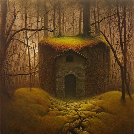 Image similar to small cottage in the forest by zdzisław beksinski, marco mazzoni, peter gric, oil on canvas, highly detailed, whimsical, fantasy