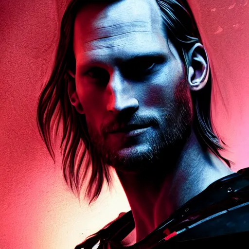 Image similar to alexander skarsgard portrait, dystopia core, apocalyptic, armor, warrior, dramatic, sharp focus, fiction, neon, fantasy, hyper detailed, digital art, trending in artstation, cinematic lighting, studio quality, smooth render, unreal engine 5 rendered, octane rendered, art style and nixeu and wlop and krenz cushart