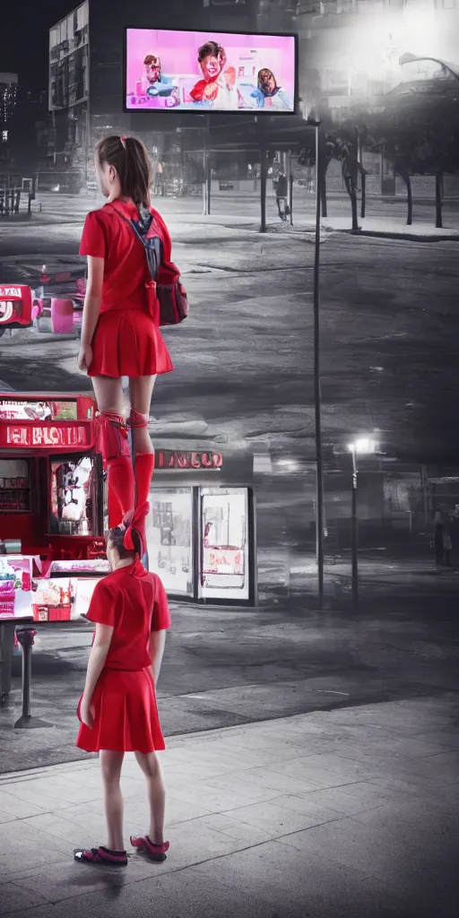 Prompt: movie still of a school girl at an outdoor food stand, she is looking at a white billboard, hyper realism, rack focus, close establishing shot, empty street, monochromatic, red neon, soft dramatic lighting, 4 k digital camera