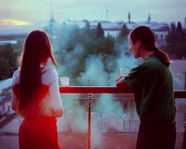 Image similar to lomo photo of pair standing on small hrushevka balcony full with cigarette smoke in small russian town looking at sunset, cinestill, bokeh