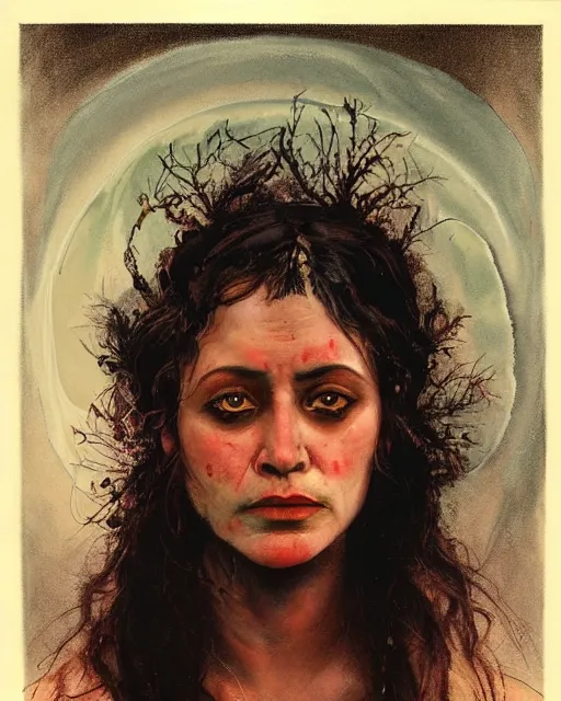 Image similar to a beautiful but sinister ethnically ambiguous woman in layers of fear, with haunted eyes and wild hair, 1 9 7 0 s, seventies, woodland, a little blood, wildflowers, moonlight showing injuries, delicate embellishments, painterly, offset printing technique, by brom, robert henri, walter popp