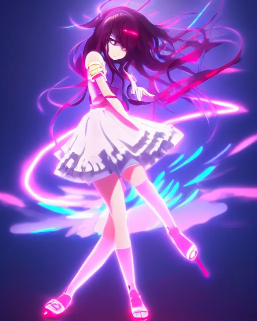 Image similar to anime style, vivid, expressive, full body, 4 k, painting, a cute magical girl idol with a long wavy hair wearing a dress fighting monsters, correct proportions, stunning, realistic light and shadow effects, neon lights, studio ghibly makoto shinkai yuji yamaguchi