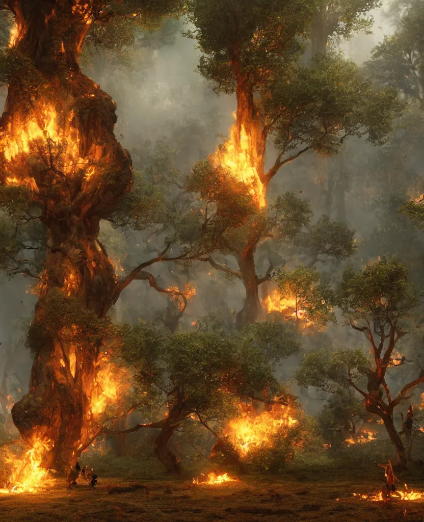 Prompt: sacred giant tree burning, fairies dancing around it, epic painting, extremely detailed, octane render, 8 k