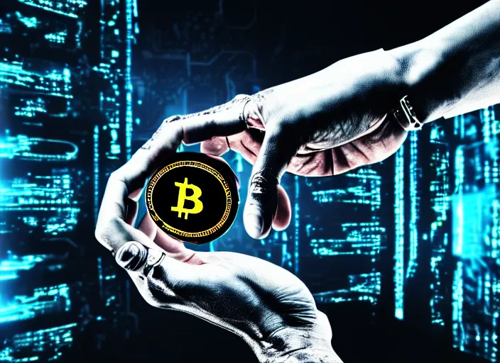 Prompt: terminator's hand holding a bitcoin between two fingers. centered. horror cyberpunk dystopia style. highly detailed 8 k. intricate. nikon d 8 5 0 3 5 mm. award winning photography.