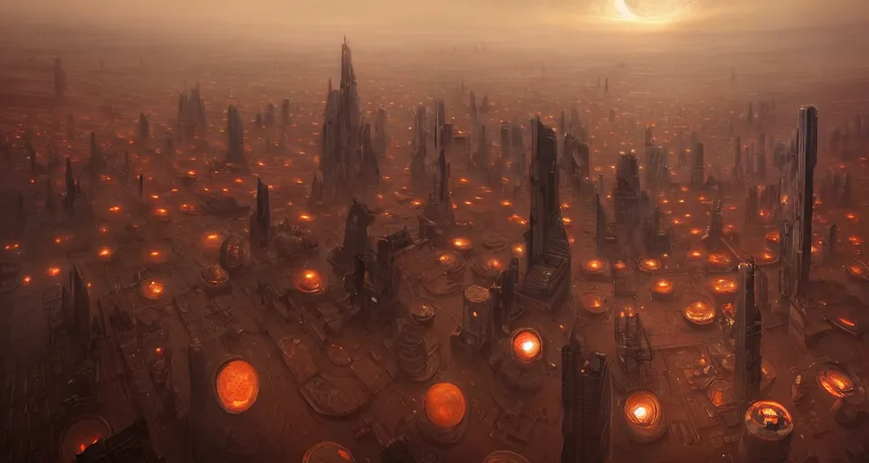 Image similar to cinematic shot, futuristic city on the mars made of stacked disks, utopian, bladerunner, digital painting, artstation, concept art, smooth, sharp focus, illustration, intricate, elegant, highly detailed, in the style of greg rutkowski and alphonse mucha and artemisia, 8 k, highly detailed, jurgens, rutkowski