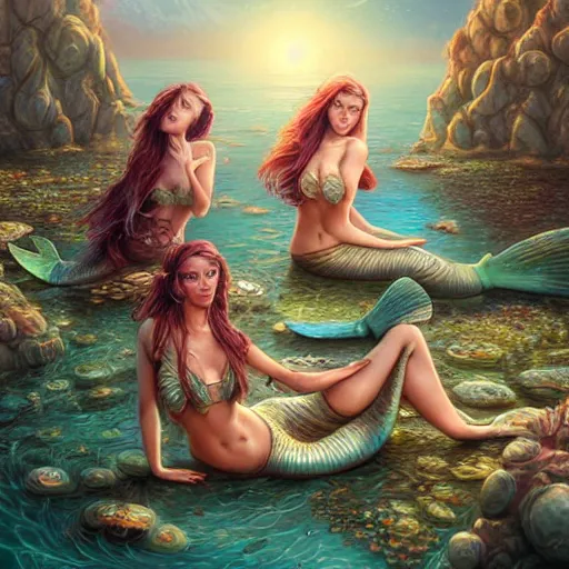 Image similar to a group of mermaids lounging around a desert oasis, drinking nectar, by artgerm and wlop and scott fischer and seb mckinnon, digital art, highly detailed, wide shot, intricate, fantasy, mystical, sharp focus, Trending on Artstation HQ, deviantart, unreal engine 5, 4K UHD image