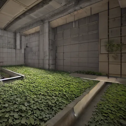 Image similar to screenshot of game on unreal engine 5, in a liminal underground garden, photorealistic, retrofuturism, brutalism, staggered terraces, minimalist, soft vintage glow