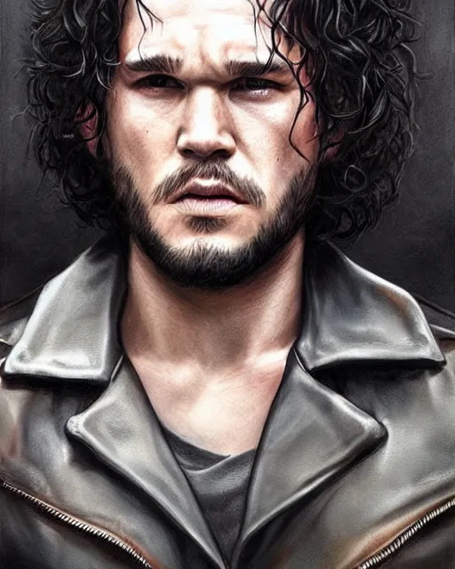 Prompt: portrait of kit harrington, gritty, dark, wearing a undone leather jacket, bare-chested, very detailed eyes, hyperrealistic, very detailed painting by Glenn Fabry, by Joao Ruas, by Artgerm, mfs shot