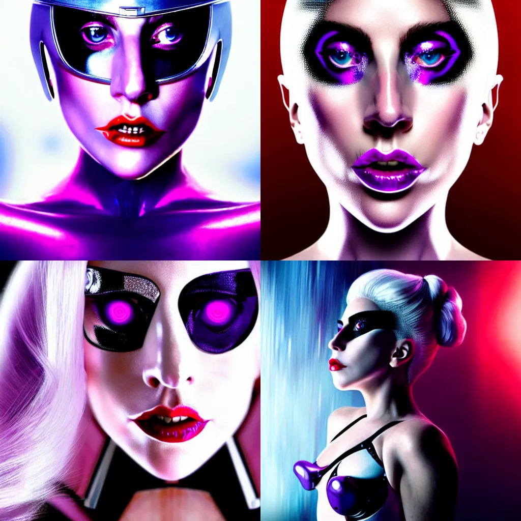 Prompt: lady gaga as a cyborg, pale skin and purple eyes, white blonde hair, red lips, staring into the camera, high fantasy art movie poster, ultra hd, cinematic lighting,