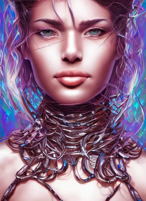 Image similar to portrait of psychedelic woman surrounded by iron scales by Artgerm, highly detailed, trending on artstation