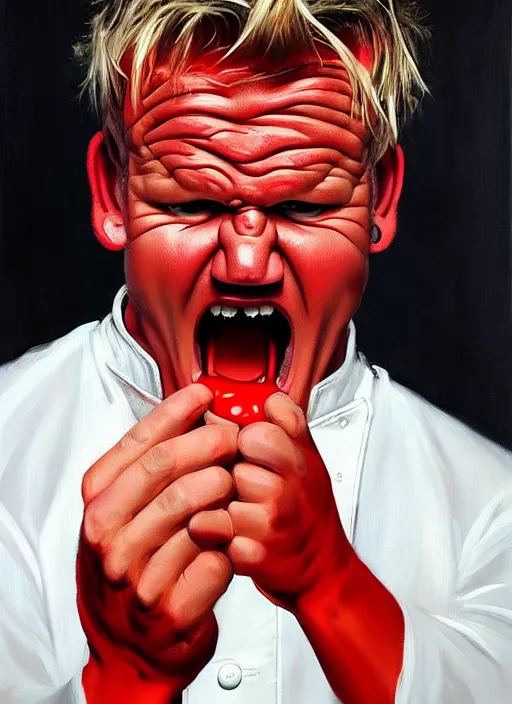 Prompt: gordon ramsay angry, screaming, red face, spit flying from mouth, stylistic painting by 'phil hale'!!!! high quality hd