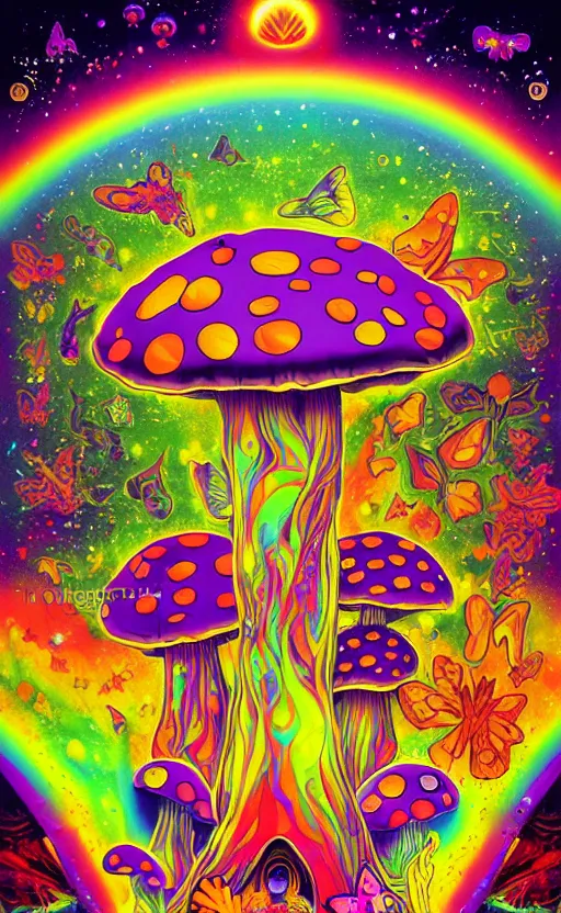 Prompt: psychedelic mushrooms, enchanted alien world, mushrooms on the ground, aliens, galaxy in the sky, butterflies, occult, illuminati, third eye, rainbows, bright colors, psychedelic, vector art, honeycomb, dripping, fire, high contrast, fantasy poster by helen huang and frank frazetta and salvador dali and norman rockwell, anime style, 4 k