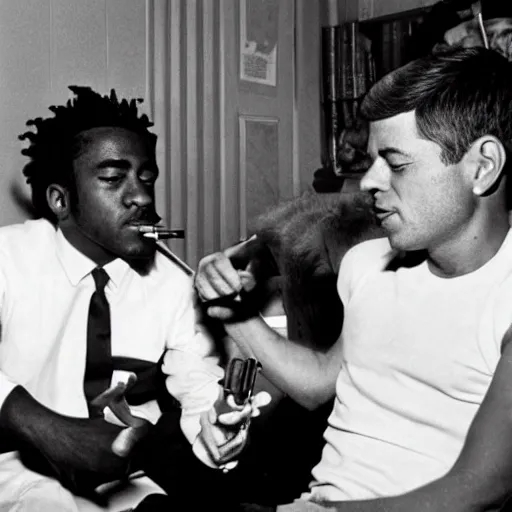 Image similar to jfk smoking a blunt with lil uzi vert,