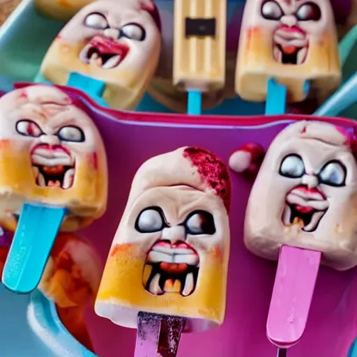 Image similar to close up menu of ice cream popsicles shaped like screaming chucky dolls on side of ice cream truck