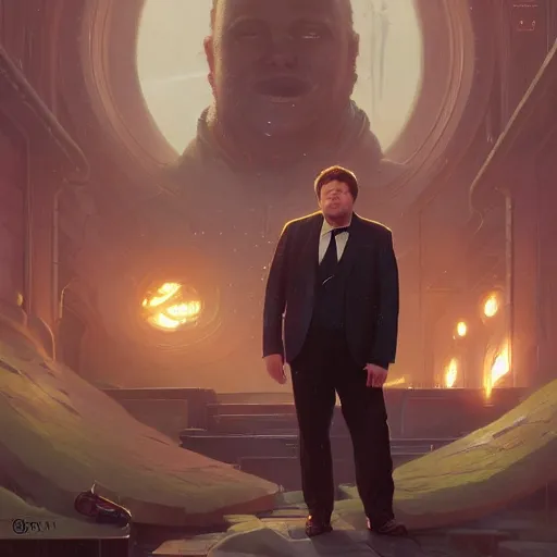 Image similar to Highly detailed portrait of fat Elon Musk, Stephen Bliss, unreal engine, fantasy art by Greg Rutkowski, Loish, Rhads, ferdinand knab, Makoto Shinkai and Lois van baarle, ilya kuvshinov, rossdraws, Tom Bagshaw, alphonse mucha, global illumination, radiant light, detailed and intricate environment