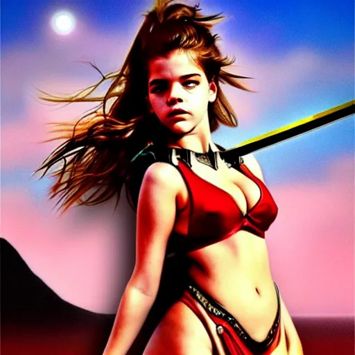 Image similar to barbara palvin posing as an amazon holding a sword, volcanic background, 1 9 8 0's art, retro art, airbrush style, intricate, elegant, sharp focus, illustration, highly detailed, concept art, matte, sharp focus, art by peter palombi