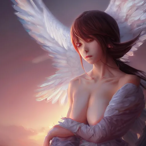 Image similar to an oil painting of a beautiful anime girl with angel wings, by artgerm, wlop and greg rutkowski, hd, hdr, ue 5, ue 6, unreal engine 5, cinematic 4 k wallpaper, 8 k, ultra detailed, high resolution, artstation, award winning