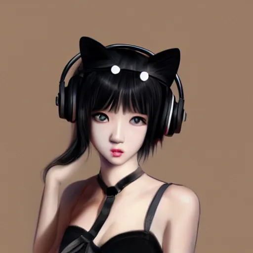 Prompt: realistic detailed semirealism beautiful gorgeous natural cute excited happy Blackpink Lalisa Manoban black hair black cat ears, wearing white camisole outfit, headphones, black leather choker artwork drawn full HD 4K high resolution quality artstyle professional artists WLOP, Aztodio, Taejune Kim, Guweiz, Pixiv, Instagram, Artstation