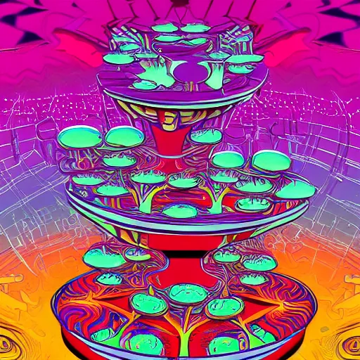 Image similar to psychedelic poster art of a zoetrope birds animation