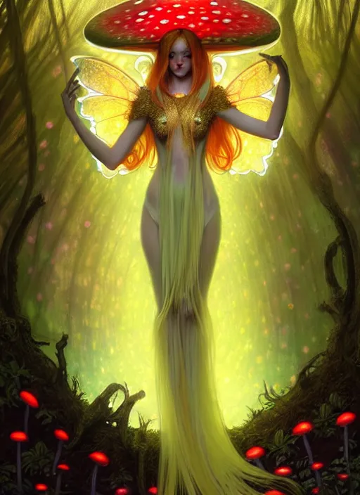 Prompt: stunningly beautiful female faerie priestess in amanita muscaria forest landscape, symmetrical wings on back, neon hair, fantasy art, wearing a dress of gossamer gold, inner glow, dark light night, sharp focus, digital painting, 4 k, concept art, by alphonse mucha, brom, face by otto schmidt,