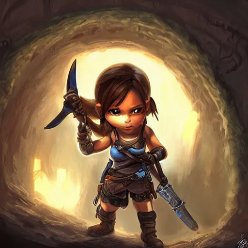 Image similar to concept art of chibi Lara Croft exploring a dark dungeon, Justin Gerard