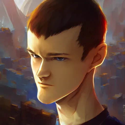 Image similar to An anime portrait of Vitalik Buterin, by Stanley Artgerm Lau, WLOP, Rossdraws, James Jean, Andrei Riabovitchev, Marc Simonetti, and Sakimichan, tranding on artstation