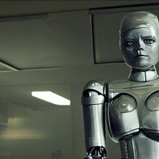 Image similar to movie still of robot emma stone, cinematic composition, cinematic light, criterion collection, by edgar wright