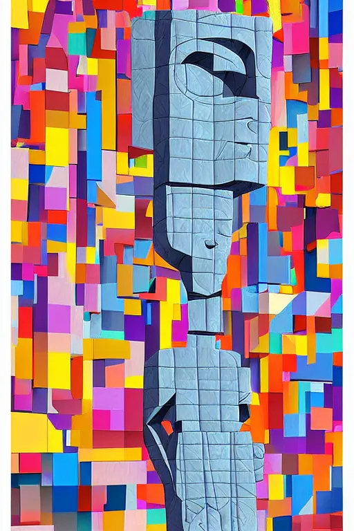 Image similar to abstract cubist moai statue geometric cutout digital illustration cartoon colorful beeple