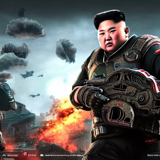 Image similar to kim - jong un in gears of war, splash art, movie still, detailed face, cinematic lighting, dramatic, octane render, long lens, shallow depth of field, bokeh, anamorphic lens flare, 8 k, hyper detailed, 3 5 mm film grain