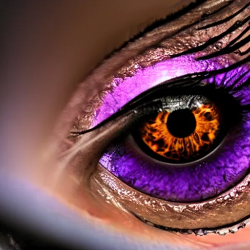 Image similar to Purple eye with golden spiraling iris and black pupil at the center of a dark universe