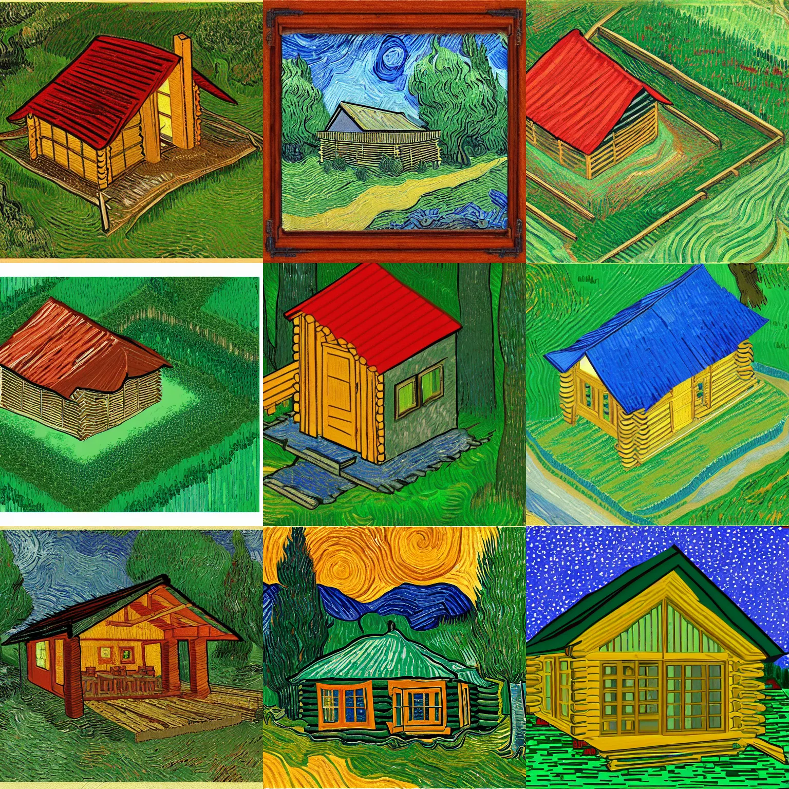 Prompt: [ a log cabin in the forest ] [ van gogh ] [ isometric ]