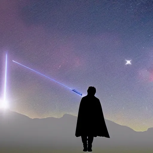 Image similar to luke skywalker pointing at stars with his lightsaber