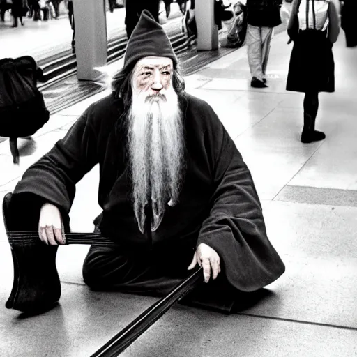 Image similar to a photograph of a washed up gandalf busking on a subway platform