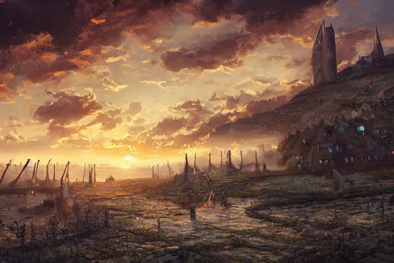 Prompt: allies who long spoke in one voice now squabble over petty differences. merchants seize farmland to build their roads ; farmers uproot sacred groves to plant their crops. sunset lighting ominous shadows, cinematic fantasy painting, dungeons and dragons, peaceful evening harbor, port, medieval coastal village, jessica rossier and brian froud