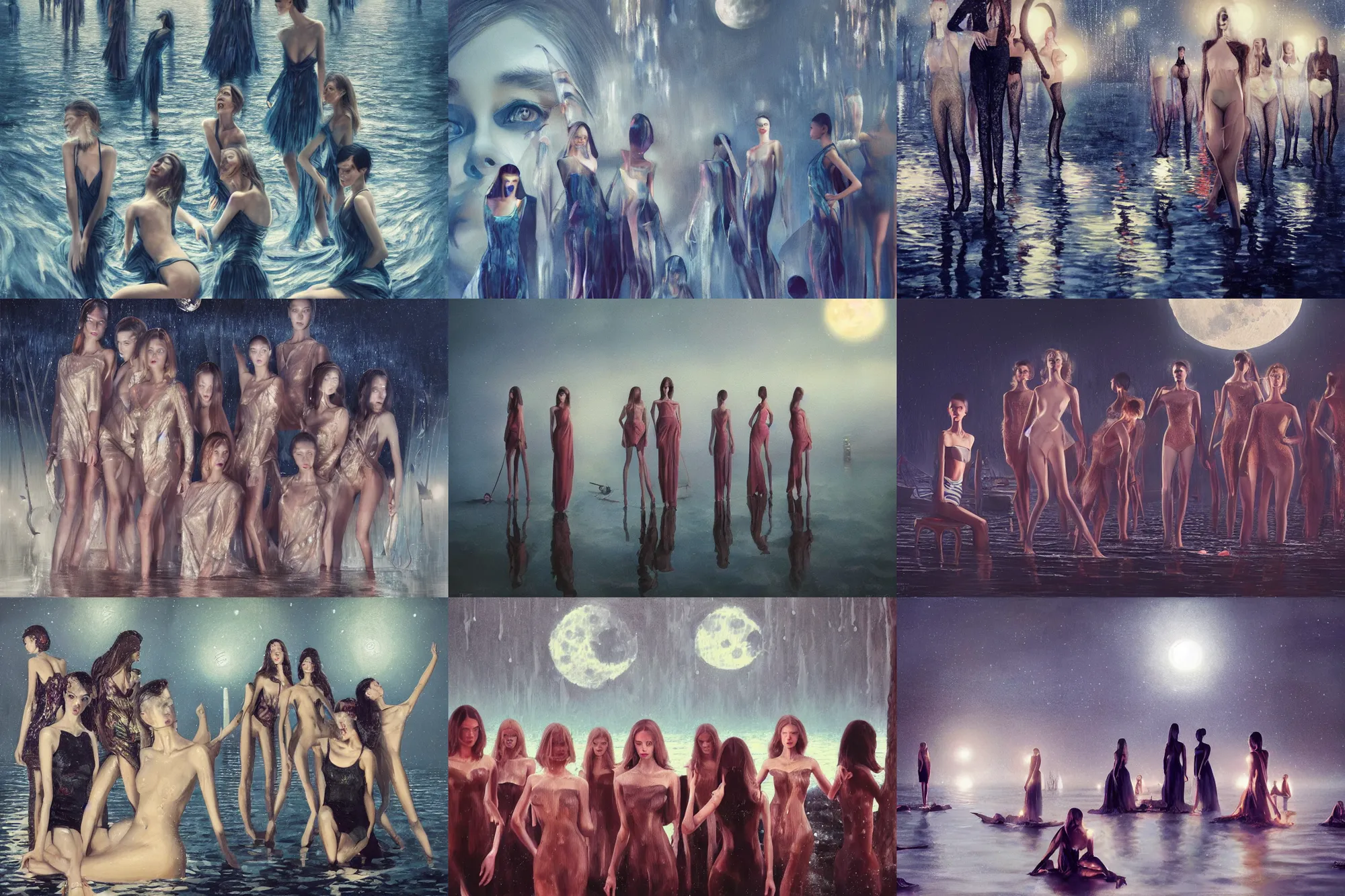 Prompt: 3 d, close - up, night, group of screaming fashion models standing in a night lake, moon ryas, vogue cover style, cinematic, realistic painting, intricate oil painting, high detail, figurative art, multiple exposure, poster art, 3 d, by stanley kubrick and tooth wu and wlop and beeple and greg rutkowski