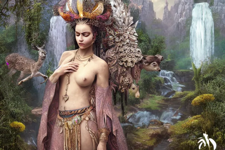 Image similar to A beautiful divine tribal high priestess with feathers and crystals in a lush field of flowers, highly detailed medieval temple behind her with waterfall and Deer, wide painting by greg rutkowski and HR Giger, Zbrush, Trending on artstation:1 H 1024