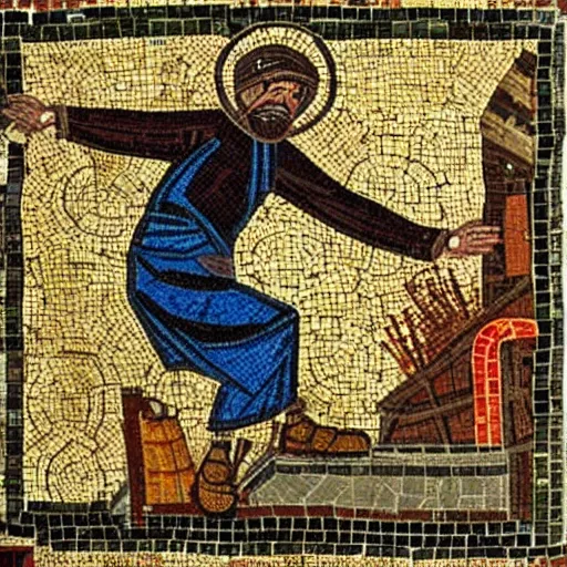 Image similar to hobo jumping on a train, byzantine mosaic,