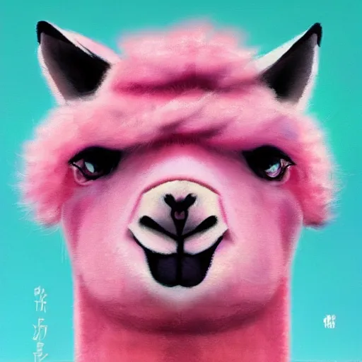 Prompt: portrait of a pink alpaca wearing a suit by Hayao Miyazaki, manga, trending on artstation, beautiful, colorful