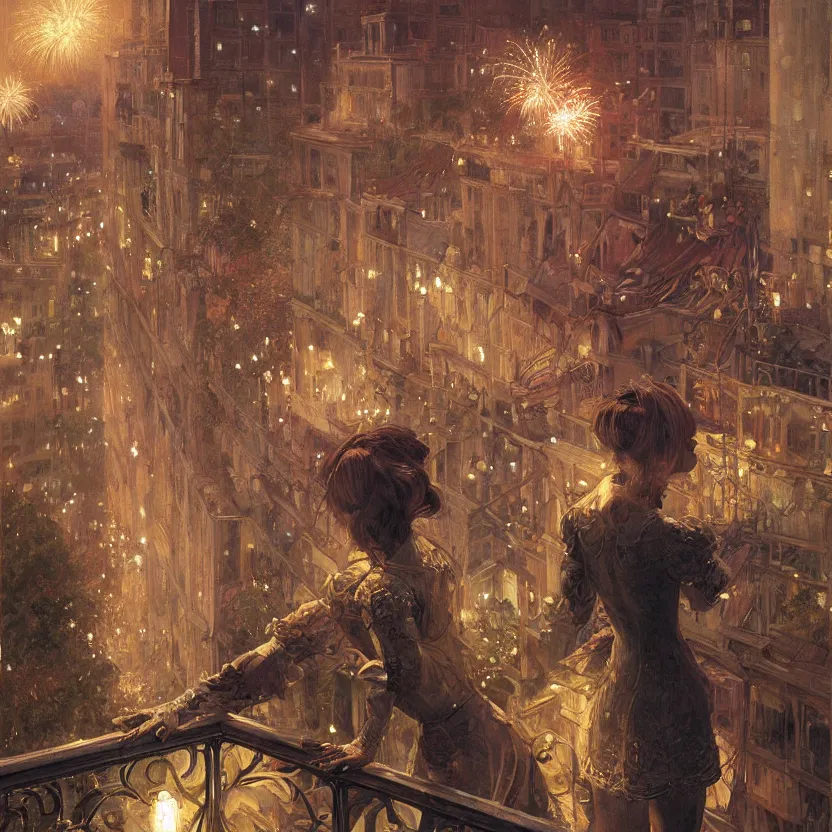 Prompt: a beautiful realistic painting of a firework festival on a balcony at night, intricate, elegant, highly detailed, digital painting, artstation, nier automata concept artsyle, by krenzcushart, artem demura, makoto shinkai, alphonse mucha