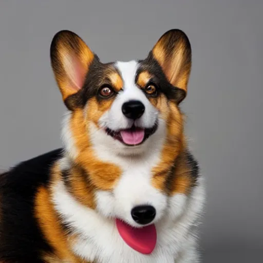 Image similar to a corgi looking at the camera, sitting on a yellow platform, wearing an elegant gucci leather vest, studio lighting, yellow background, 4K HD photography, 85mm